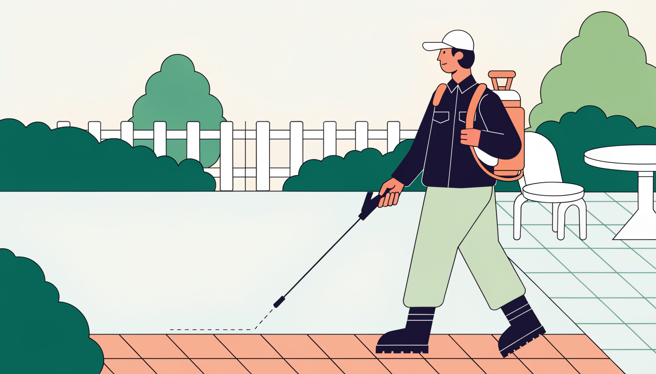 Pest control technician treating a garden patio and brick pathway