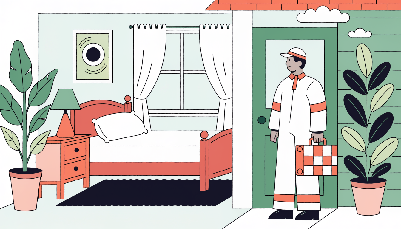 Pest control technician with equipment outside a bedroom doorway