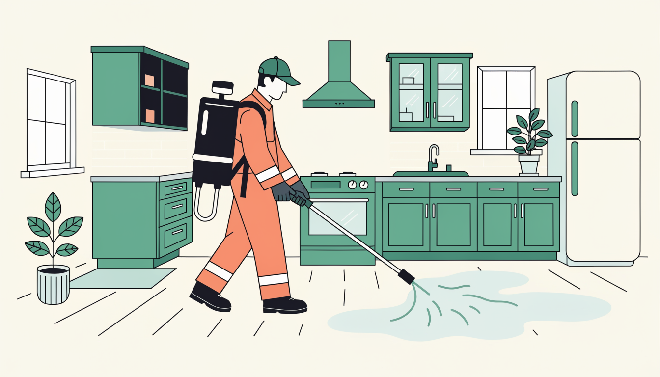 Pest control technician treating a kitchen area