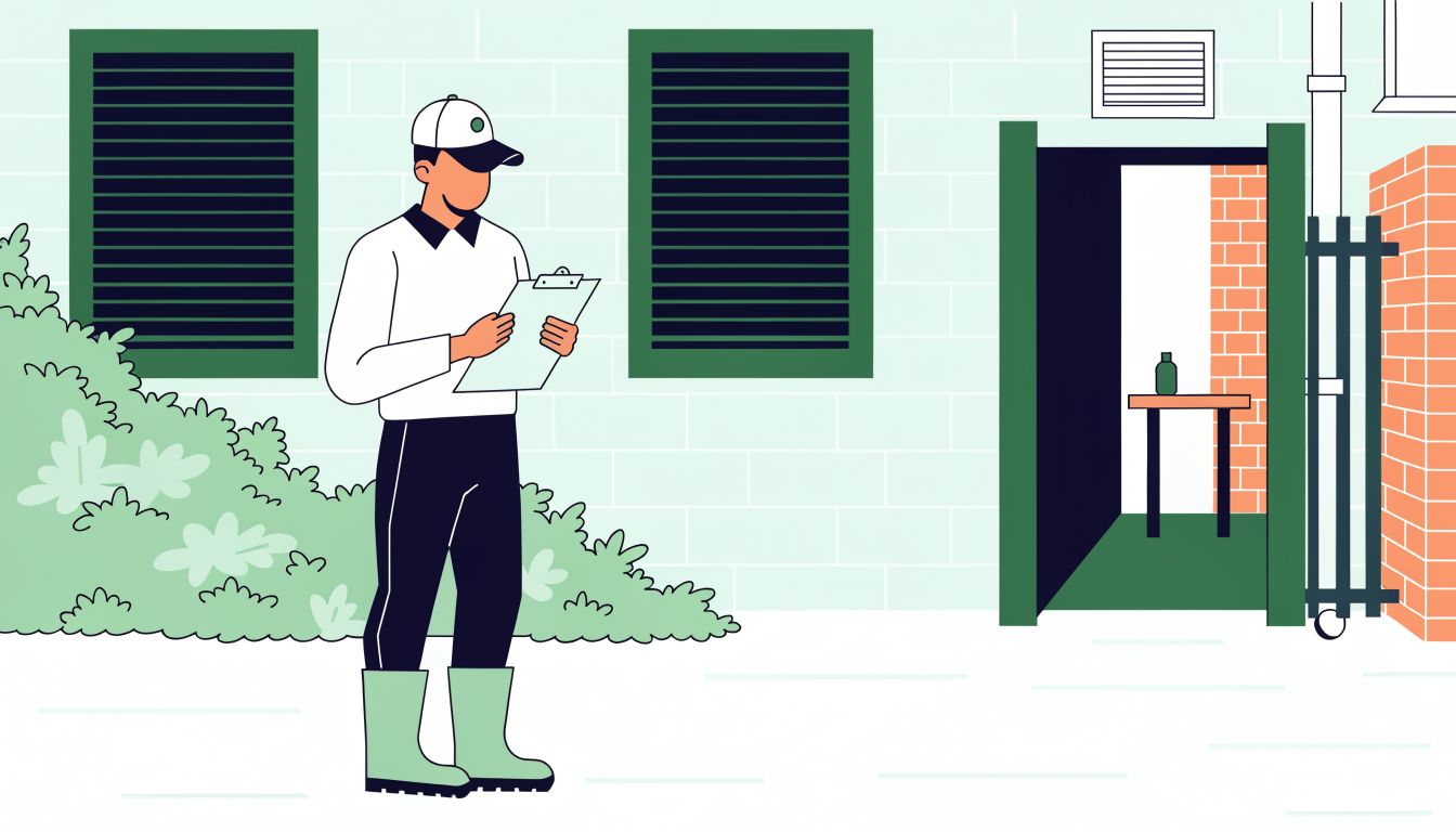 Pest control technician at the back entrance of a commercial premises