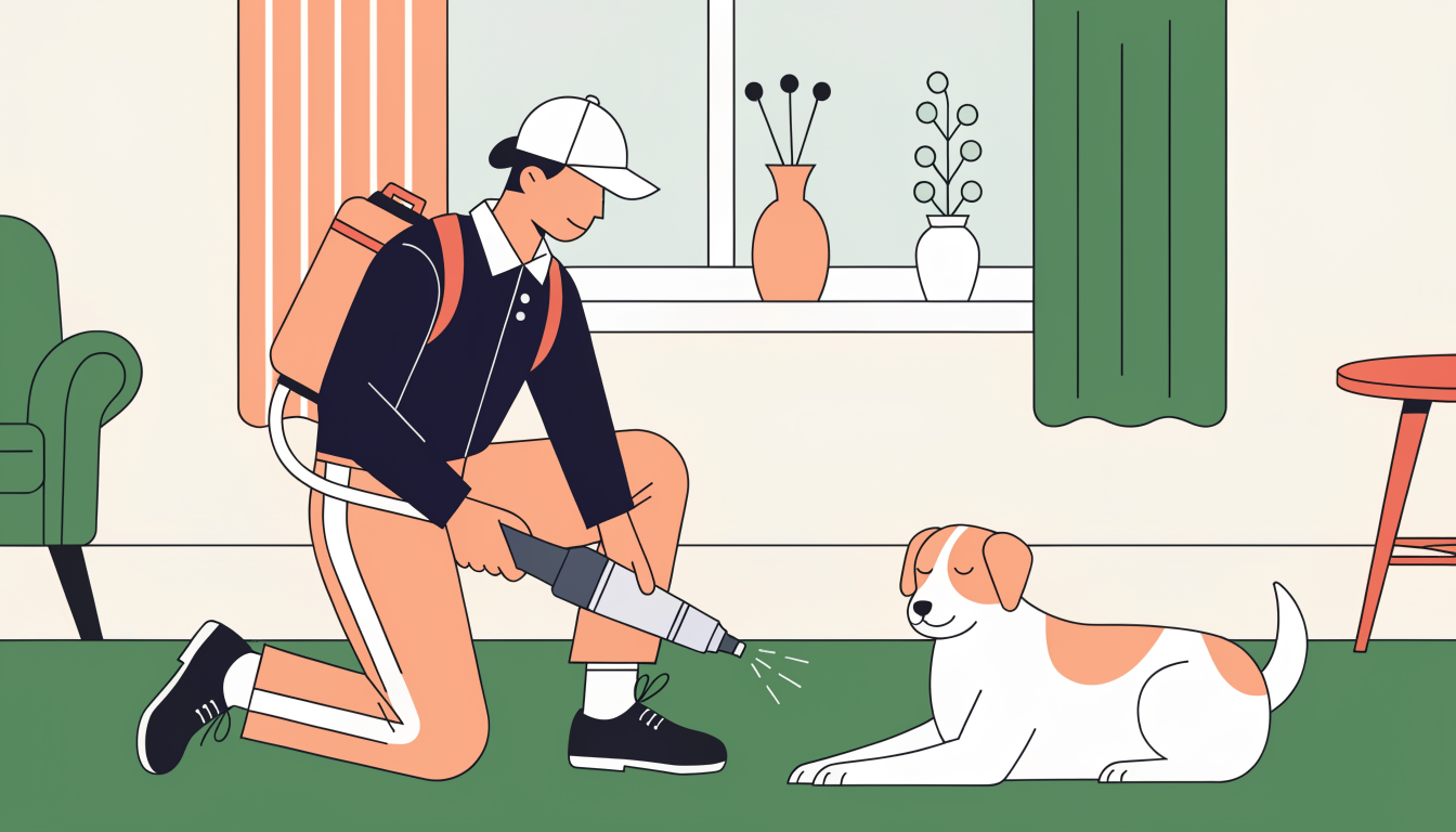 Pest control technician treating a living room carpet with a dog resting nearby