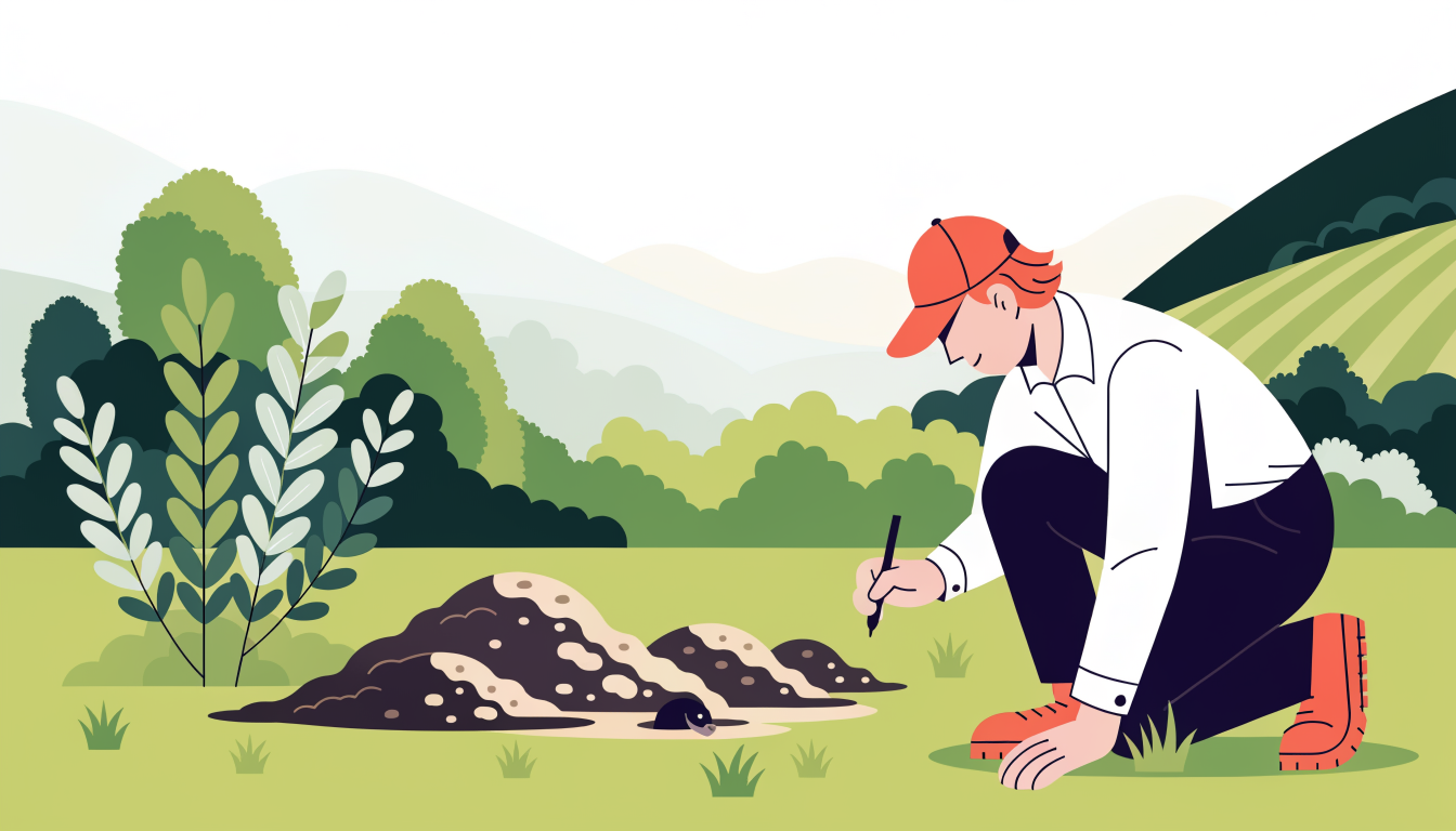 Pest control technician inspecting molehills in a rural garden