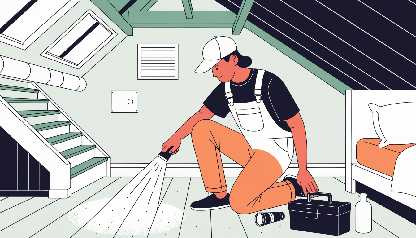 Pest control technician inspecting a loft space by torchlight