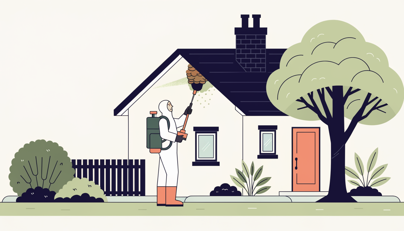 Pest control technician treating a wasp nest under the roof eaves of a house